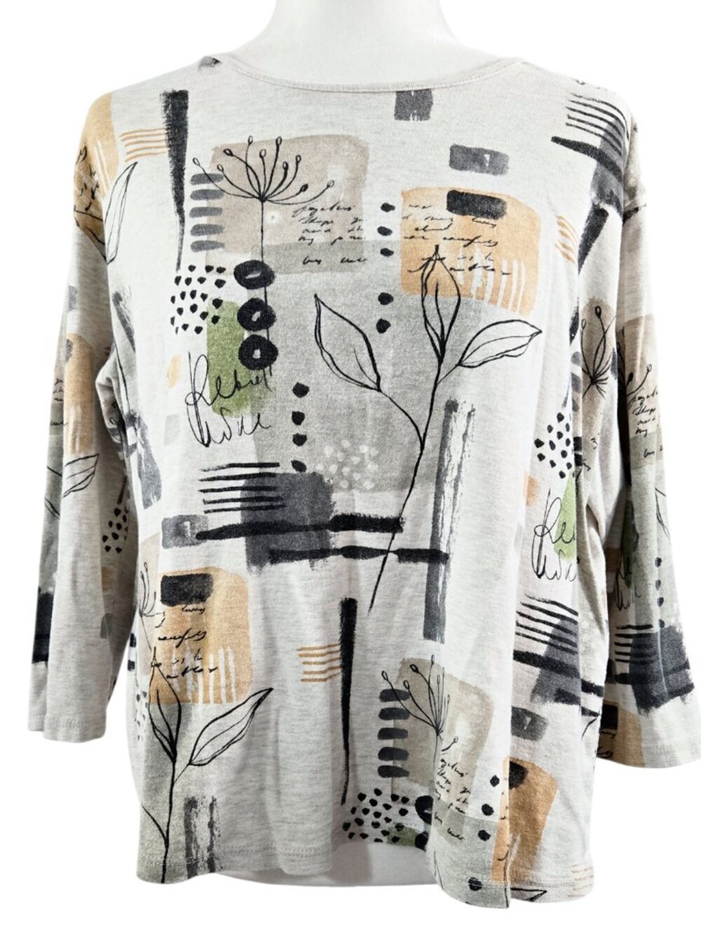 Jess & Jane Taupe Abstract Brush Stroke Floral Top Artsy Art to Wear Earthy Boho